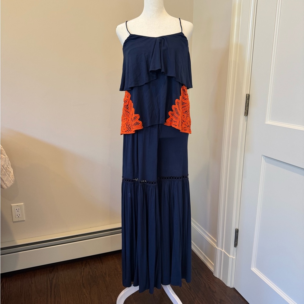 Navy Blue 2 piece jumpsuit with Orange Accents size XS